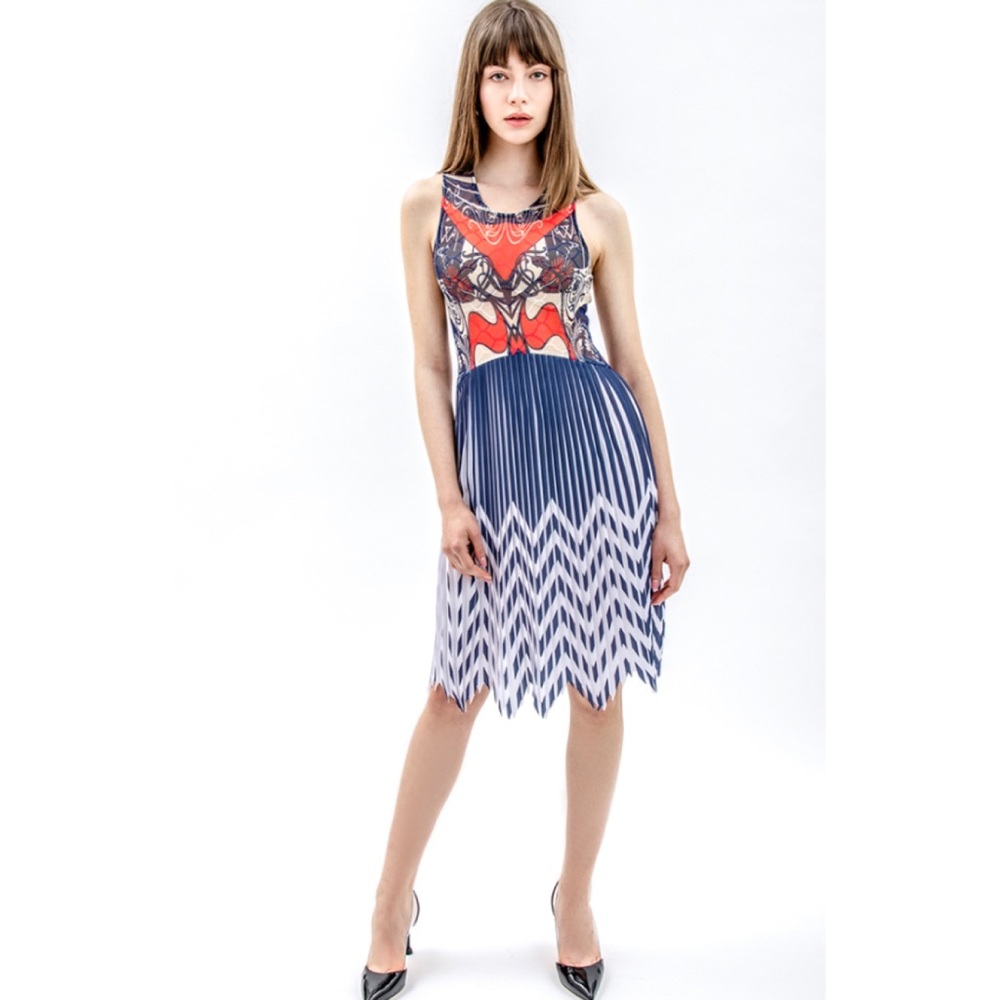 Designer VHNY Print Mesh and Pleated Dress